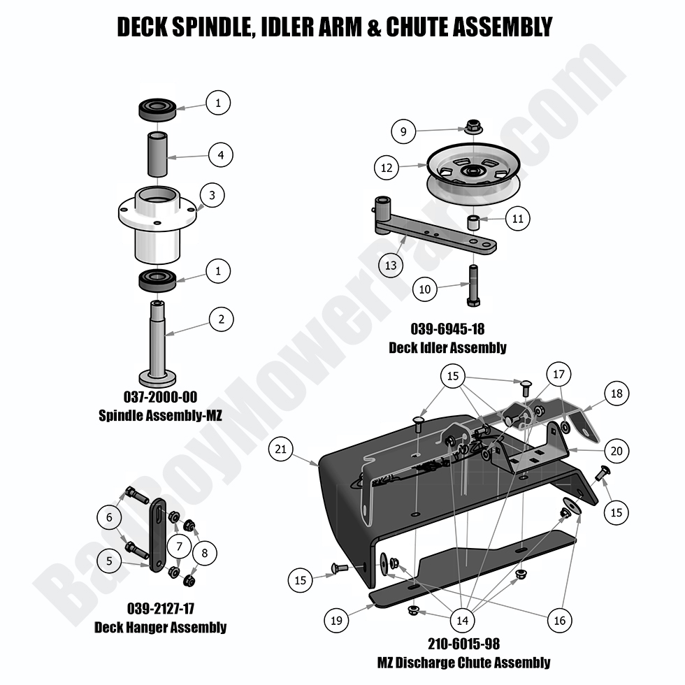 2018 MZ - Deck Spindle, Idler Arm, Chute Assembly
